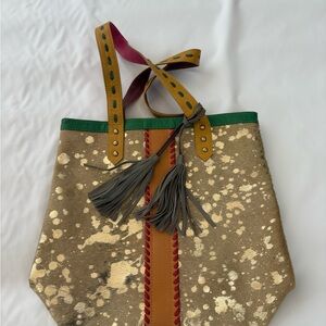 Stylish Tan and Green cowhide Tote Bag